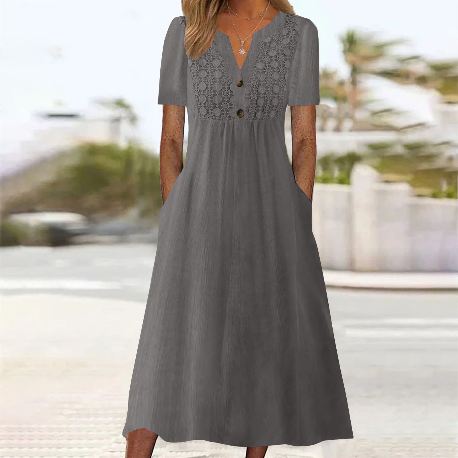 thumbnail image 2 of Vestido largo boho de manga corta con cuello en V y bolsillos para mujer: vestido de playa de poliéster con estampado floral para el verano, 2 of 5